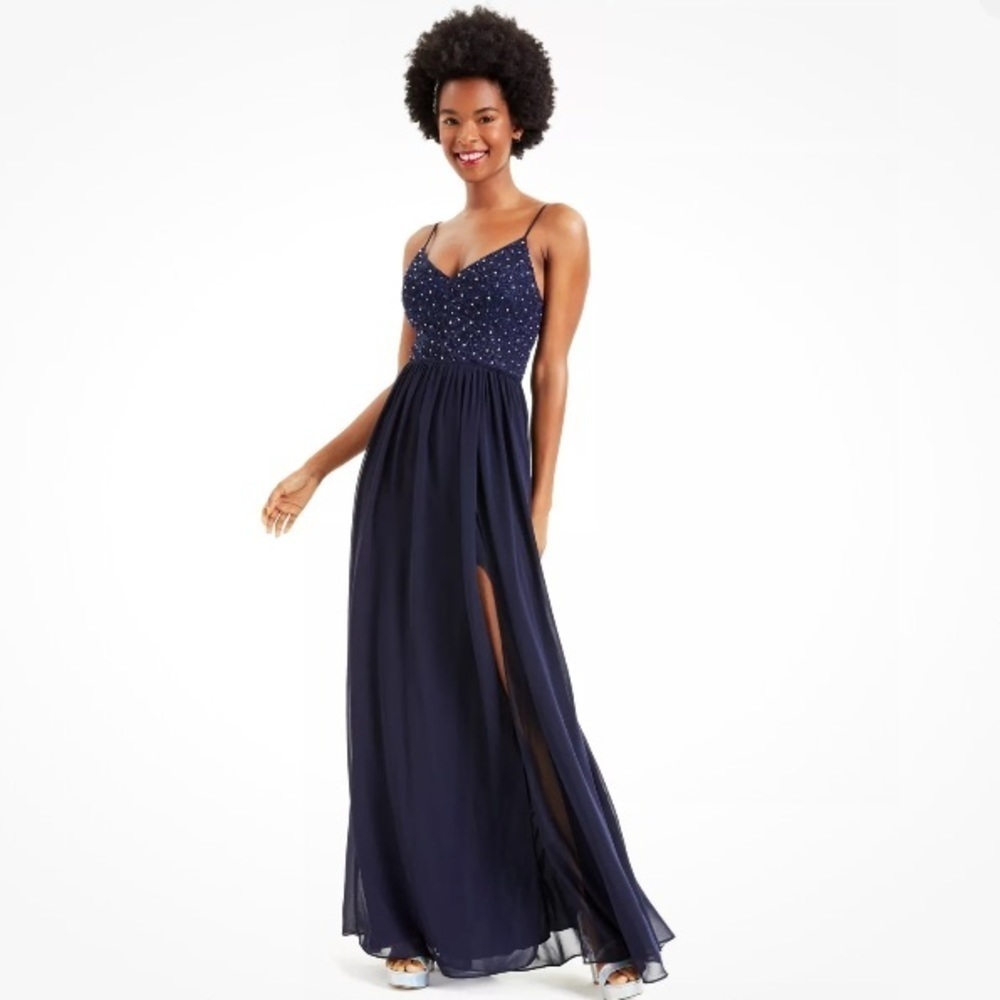 🆕 CITY STUDIO Women Navy Slitted Spaghetti Strap Full-Length Dress Juniors 17